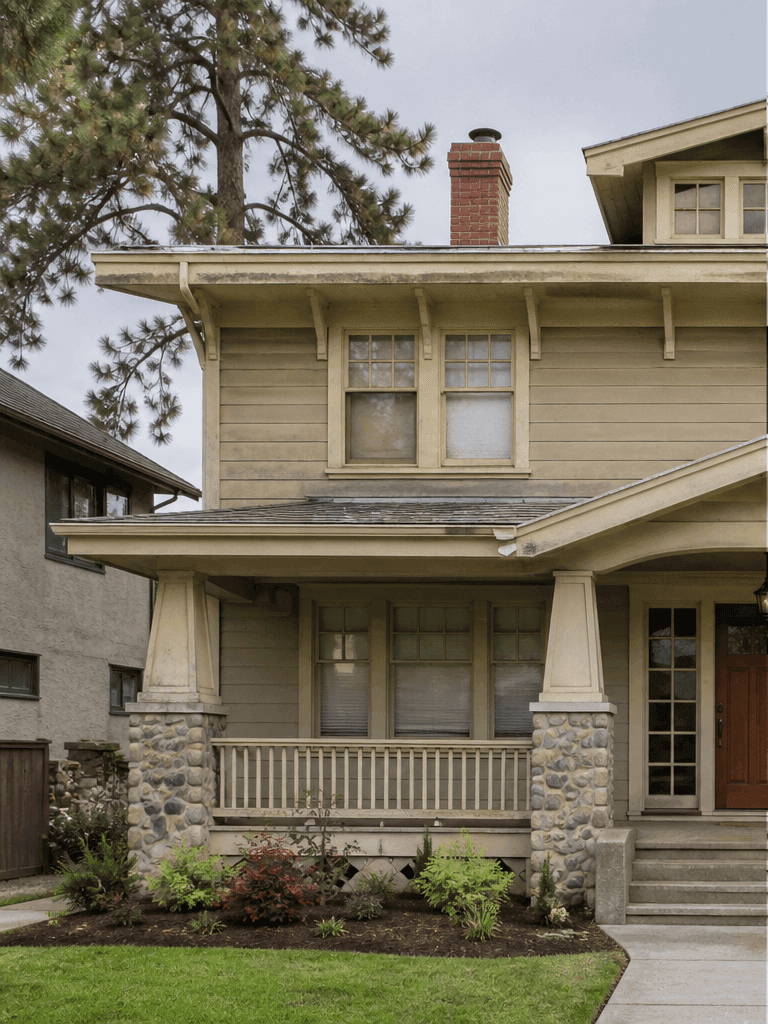 The same heritage home before refinishing, with chalked and weathered siding