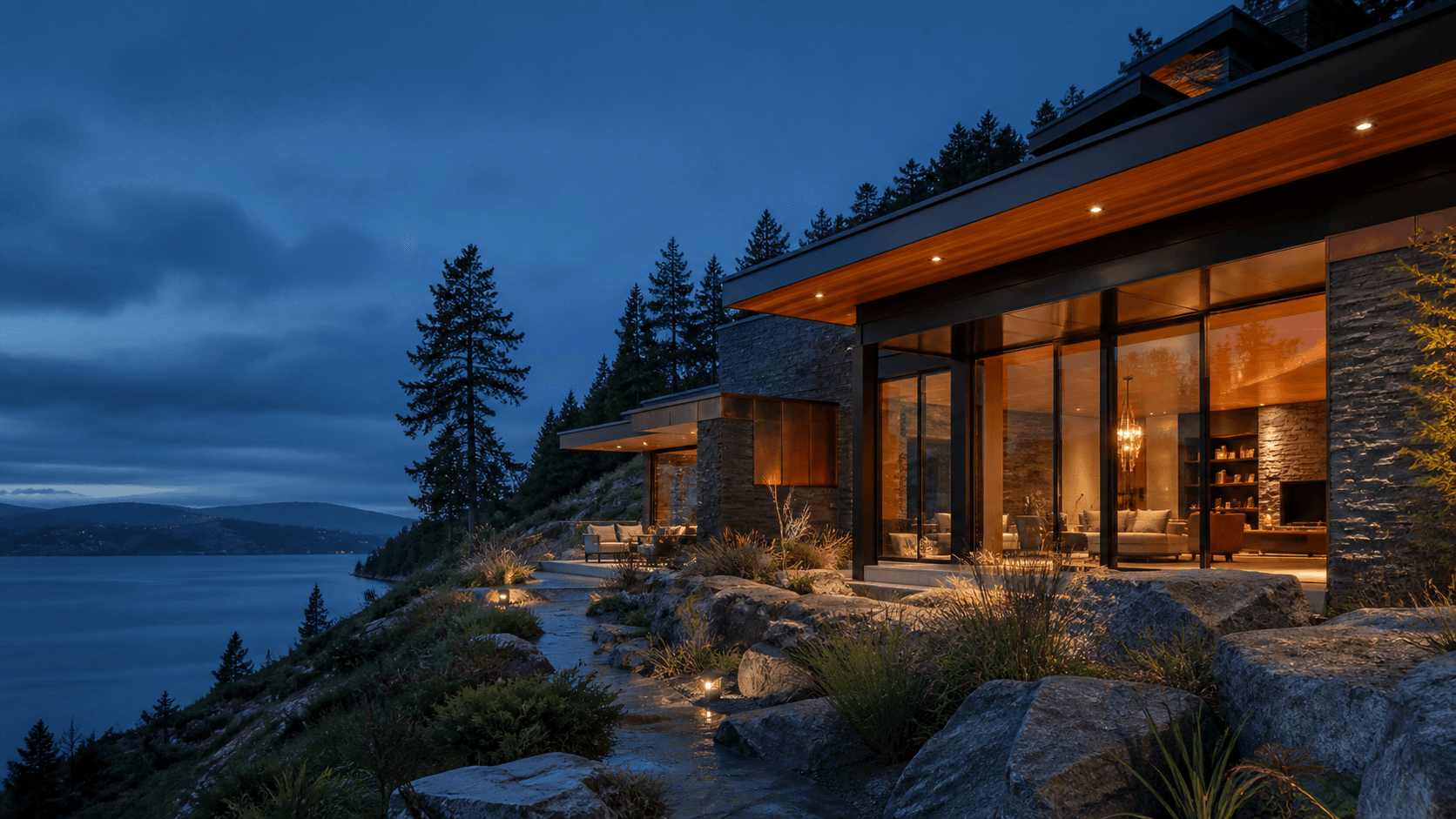 Contemporary custom home overlooking Okanagan Lake at blue hour