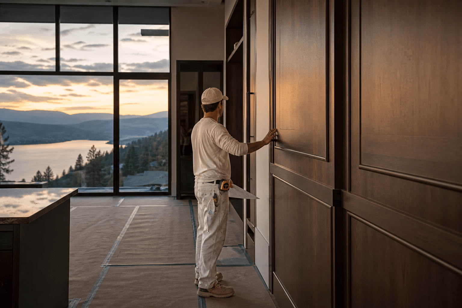 Craftsperson reviewing fine millwork in an Okanagan home